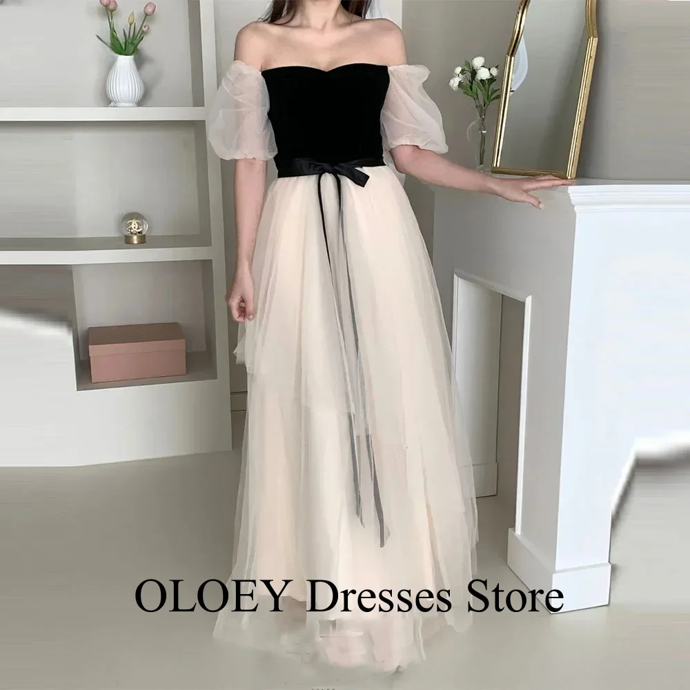 فساتين سهرة كورية متباينة من OLOEY مخصصة أنيقة بأكمام قصيرة من التل مناسبة رسمية للحفلات الراقصة للنساء