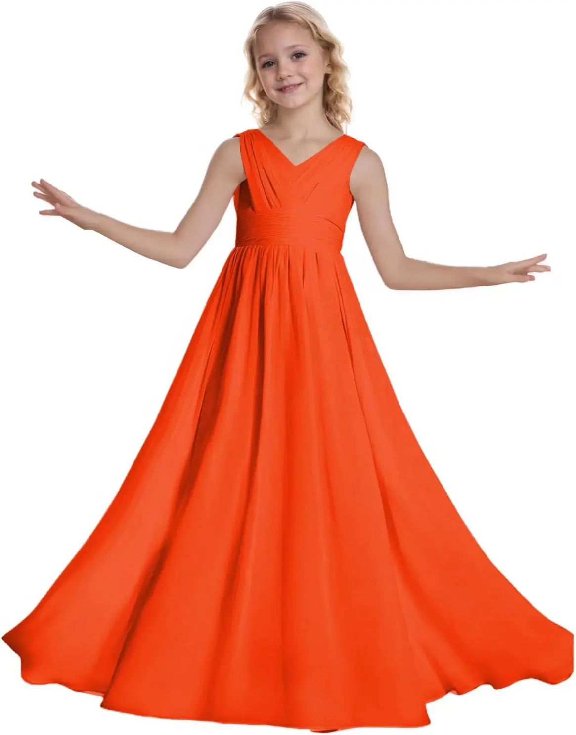 Vestidos de niña de flores de gasa Vestido largo fluido sin mangas formal de una línea para vestido de dama de honor junior de boda para niños