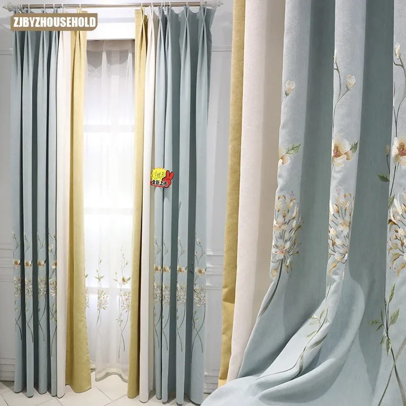 

Customized Chenille Embroidery Curtains Girls Room Curtains for Living Room Bedroom Window Screens Blue Warm