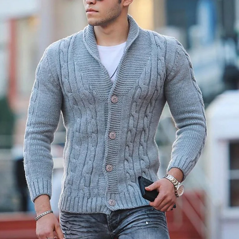 

Autumn Winter Men's Knitted Solid Slim Fit Sweater Cardigan Lapel Turtleneck Long-sleeved Sweater Coat Male Clothing