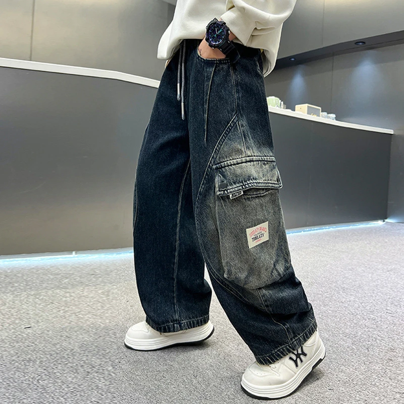 Boys Autumn Hiphop Fashion Style Baggy Cargo Jeans with Side Pocket for Boy Hip Hop Blue Denim Pants Kids Retro Gothic Trousers