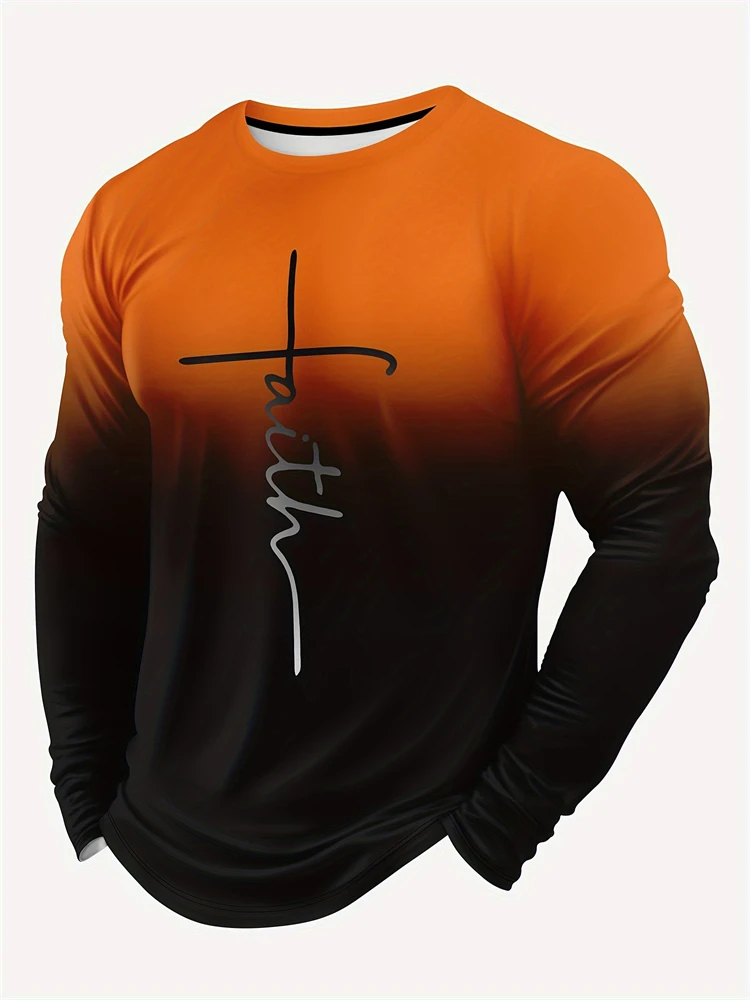 

2025 New Men's Round Neck Long Sleeve Gradient Design Daily Casual Home T-Shirt Classic Simple Cross Printed Long Sleeve Men's