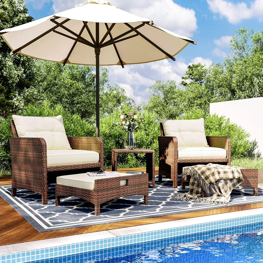 

5 Pieces Outdoor Patio Wicker Chairs Set with Ottoman, Outside Conversation Furniture Set with Cushions and Coffee Table for Ba