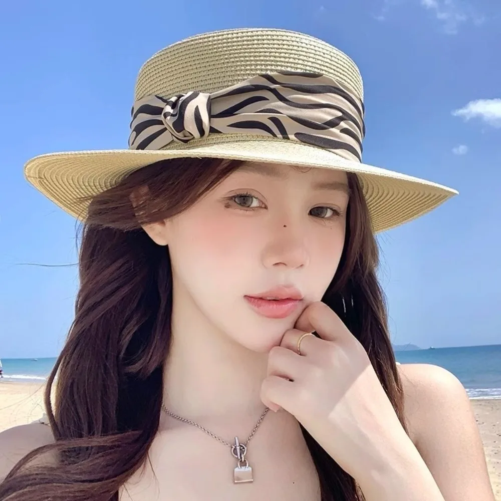 with Leopard Print Belt Straw Woven Hat Wide Brim Flat Top Sunscreen Bucket Hat Korean Style Sunshade Women's Sun Hat Ladies
