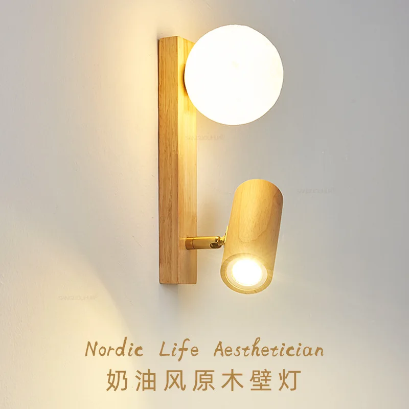 

Cream Style Wooden Spotlight Bedroom Bedside Eye Protect Reading Wall Lamp Corridor Study Living Room Rotatable LED Wall Light