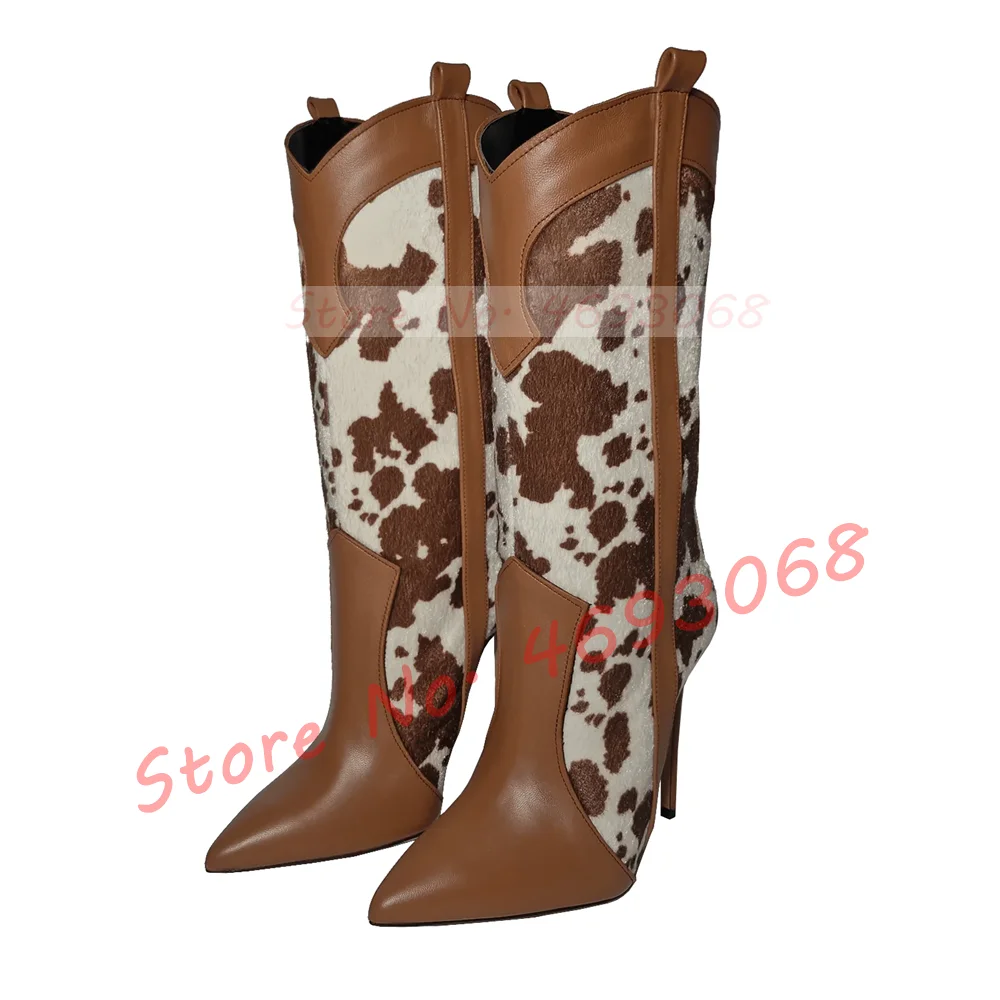 

Cow Print Western Mid Calf Boots Women Sexy Pointed Toe Two Color Splicing Leather High Heels Big Size Fashion Stiletto Boots