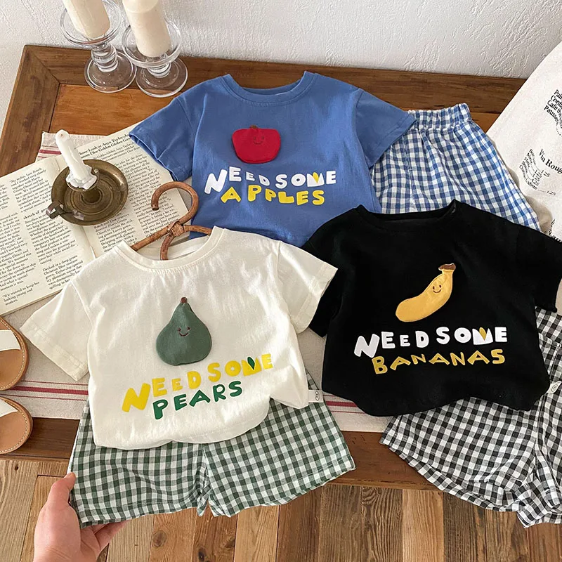 MILANCEL 2025 New Summer Kids Baby Tops Set 0-5 Y Cartoon Tees And Plaid Shorts 2 Pcs Suit For Boys Girls Children's Outfit