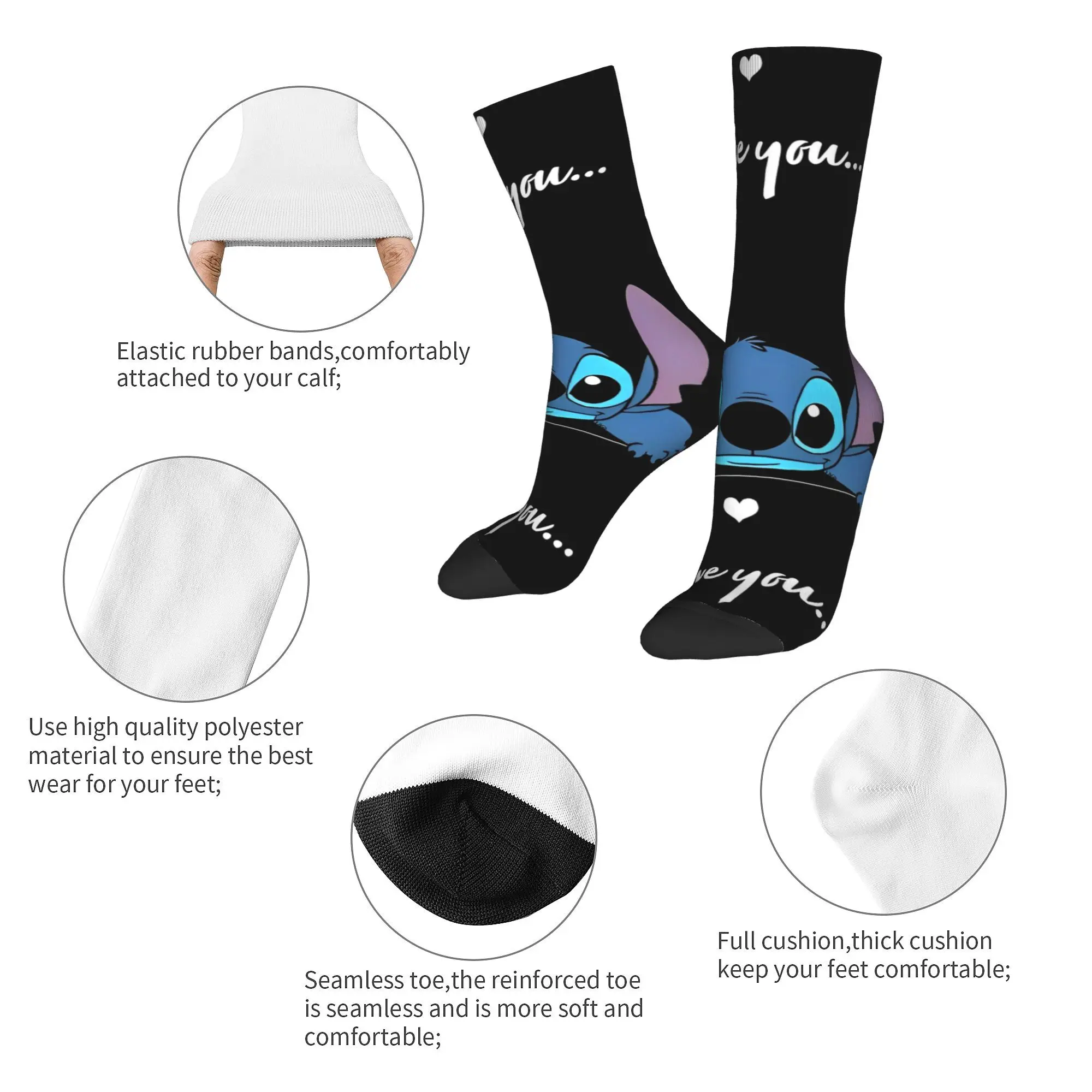 Funny Lilo & Stitch I Love You Basketball Socks Cartoon Cute Polyester Crew Socks for Unisex Sweat Absorbing