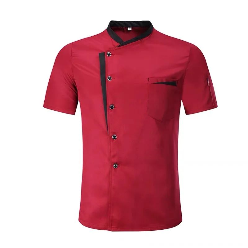 Unisex Chef Coat Short Sleeve Chef Jacket Men Women Black White Cook Uniform Restaurant Kitchen Cooking Work Shirt Red workwear