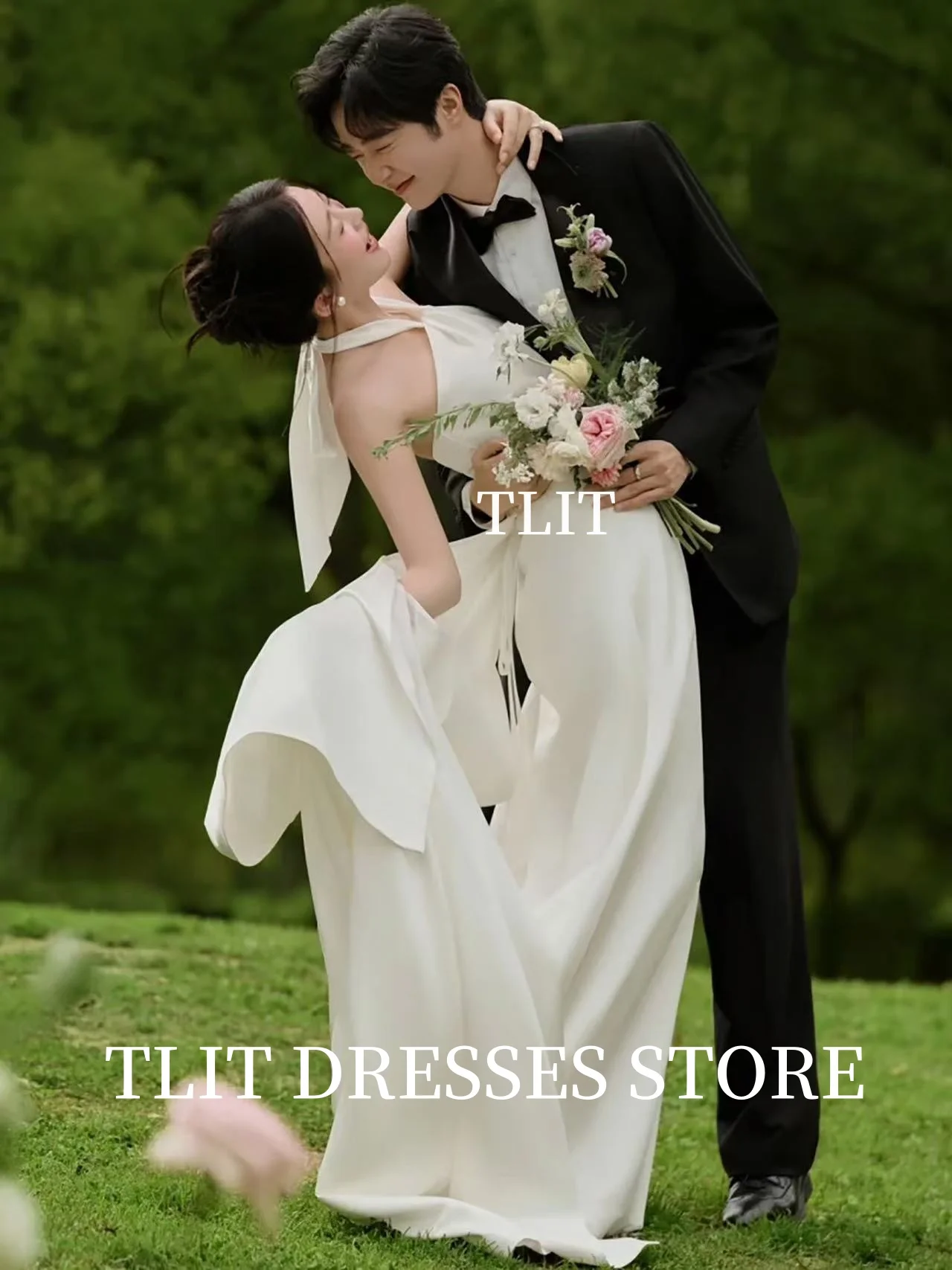 TLIT Eenvoudige Witte Zijde Satijn Trouwjurken Halter Bruidsjurken Korea Trouwjurken Foto's Schieten Aangepaste ienia Ohio Ohio