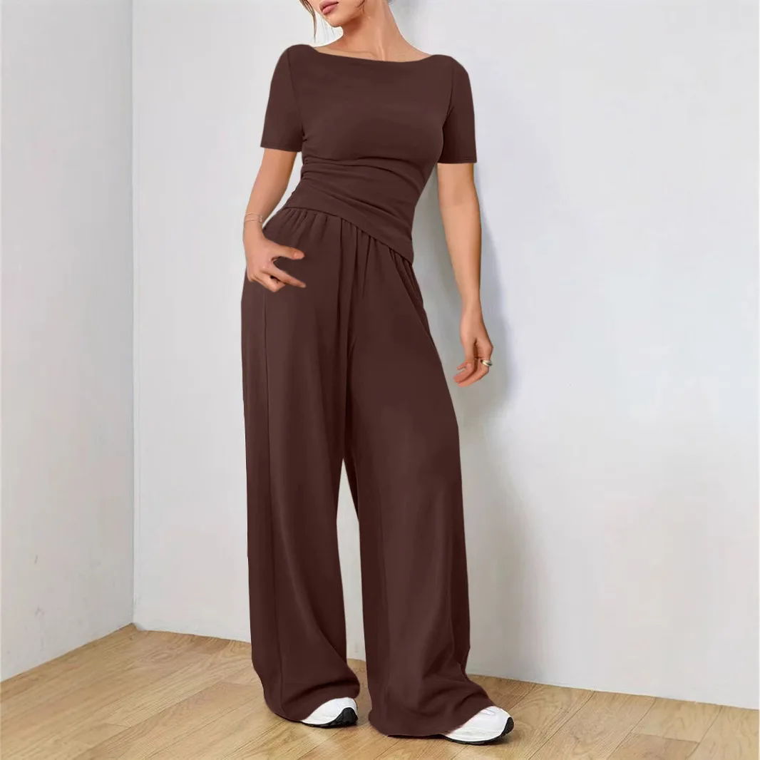 

Women's Short-sleeved Two-piece Wide-leg Pants Suit Soft Wax Style Suit Fashionable Irregular Women's Clothing Yoga Sports Suit