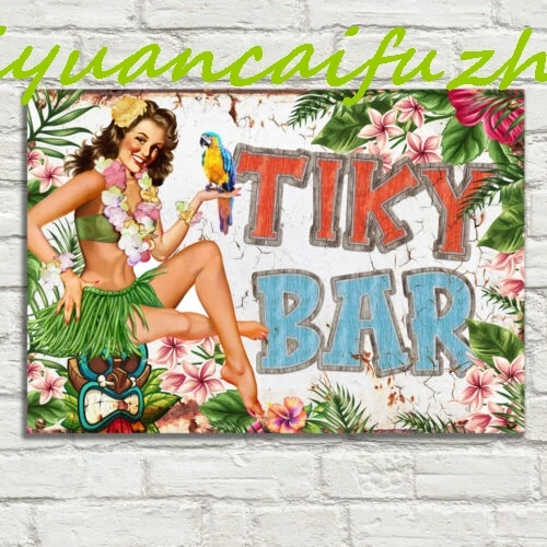 SJKY TIKI BAR Girl Garden Metal Tin Plaque Sign Man Cave Pub Club Cafe Beer Rum Gin