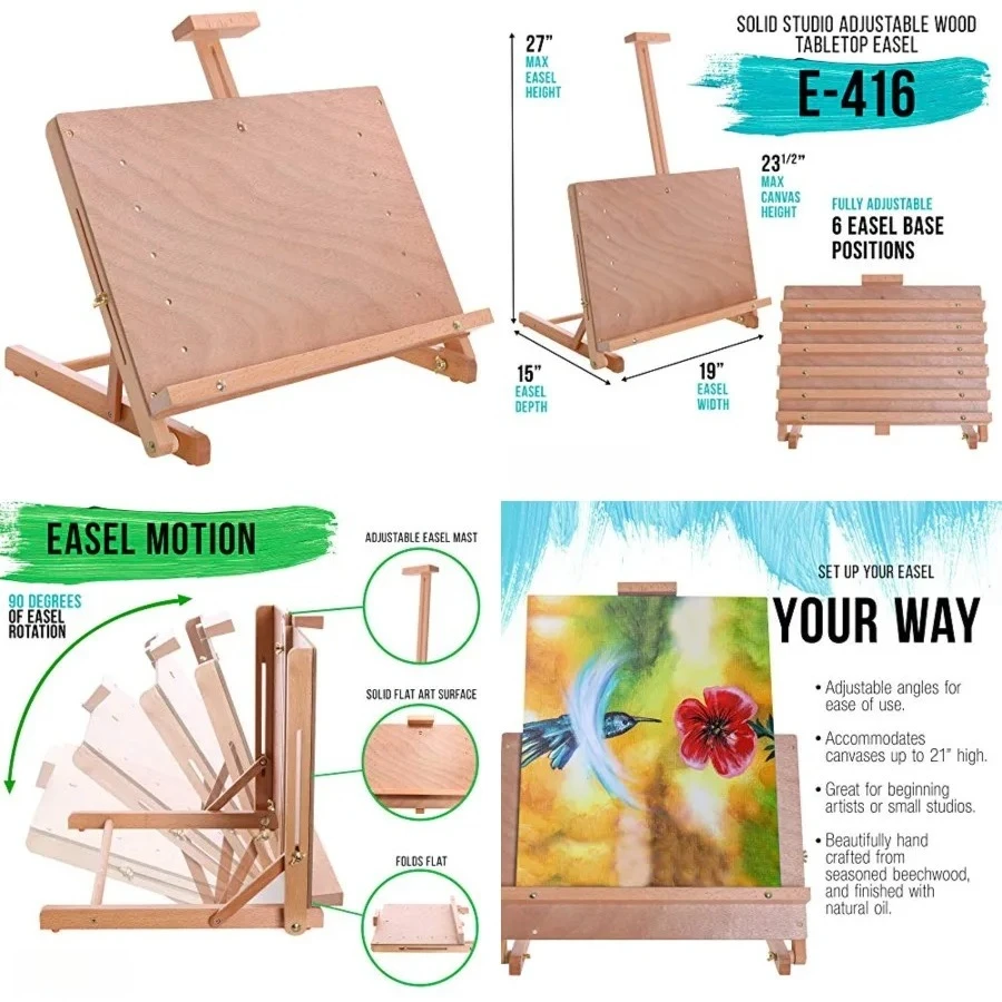 Solid Wooden Tabletop Easel - Artist Studio Desktop Drawing Table, Portable Drafting Table, Adjustable Art Board, Tabletop Easel for Painting, Holds Up to 23" Canvas, Beechwood