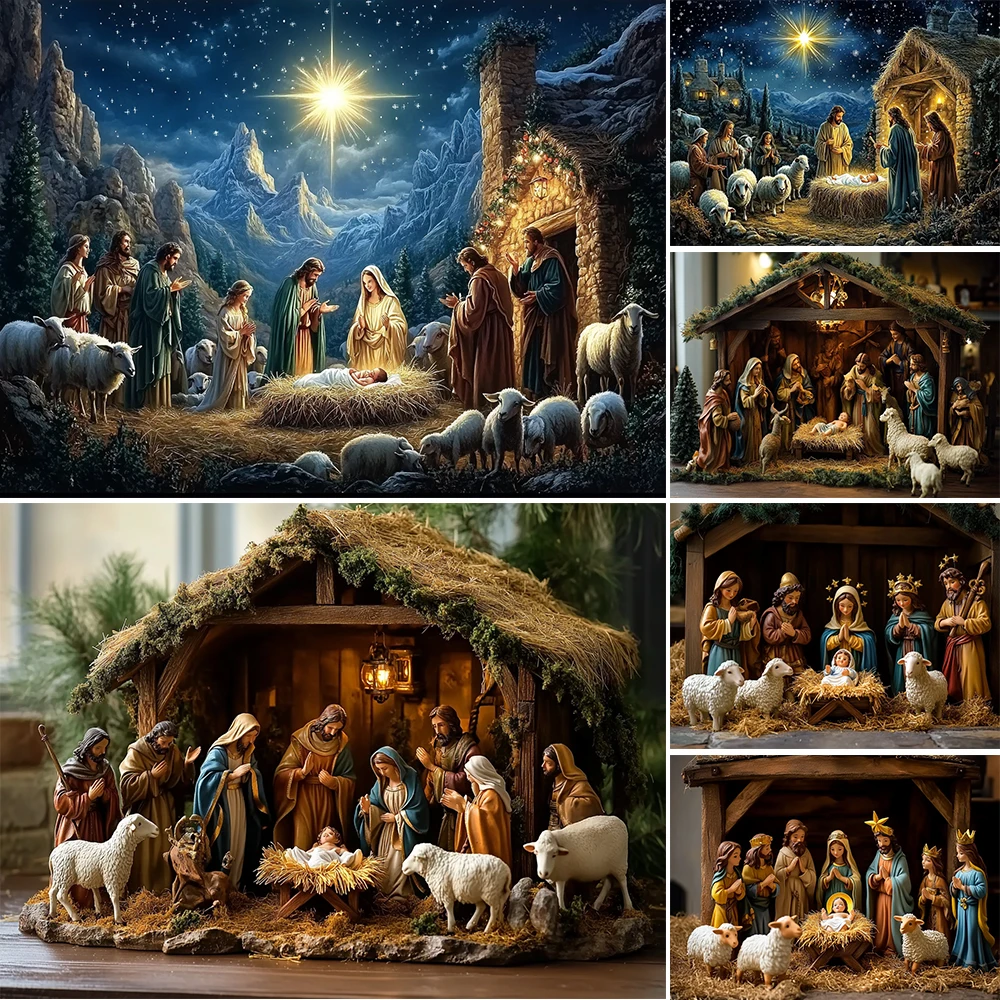 Mocsicka Nativity Scene Starry Night Tapestry Religious Manger Scene Tapestry Wall Hanging Traditional Easter Birthday Wall Deco