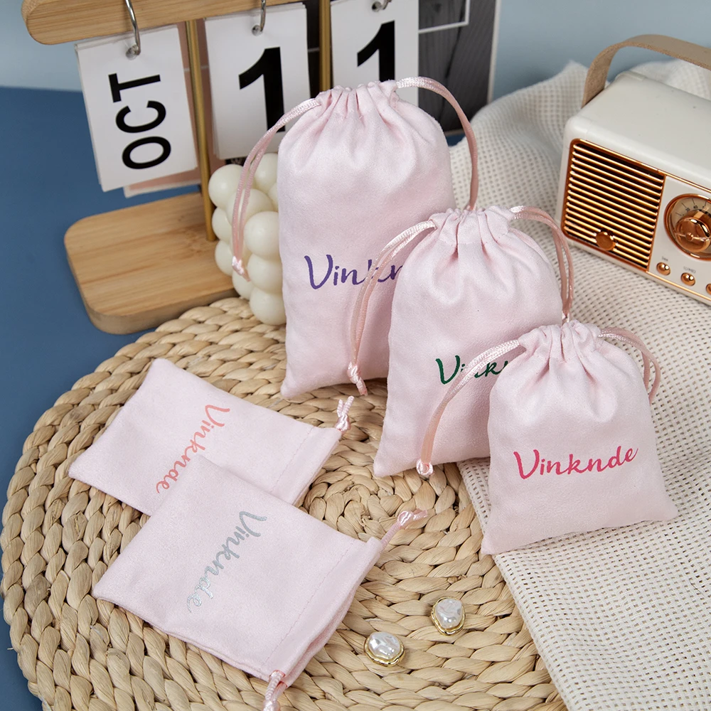 

Personalized Logo Baby Pink Jewelry Drawstring Bag Flannel Velvet Gift Bags Cosmetic Perfume Baby Shower Packaging Candy Pouch