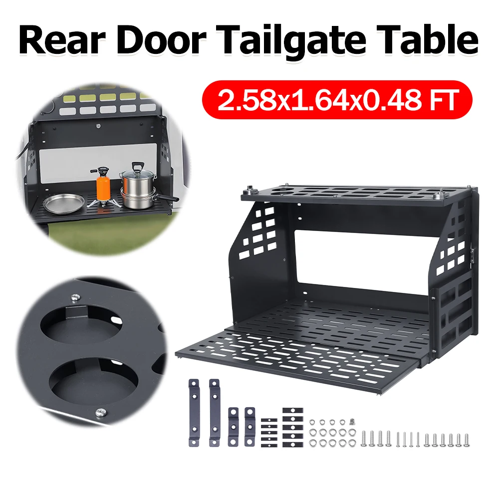 

2-Tier Foldable Shelf Tailgate Table Storage Rack Accessories Car Rear Door Carbon Steel Suitable for Ford Bronco Outdoor Desk