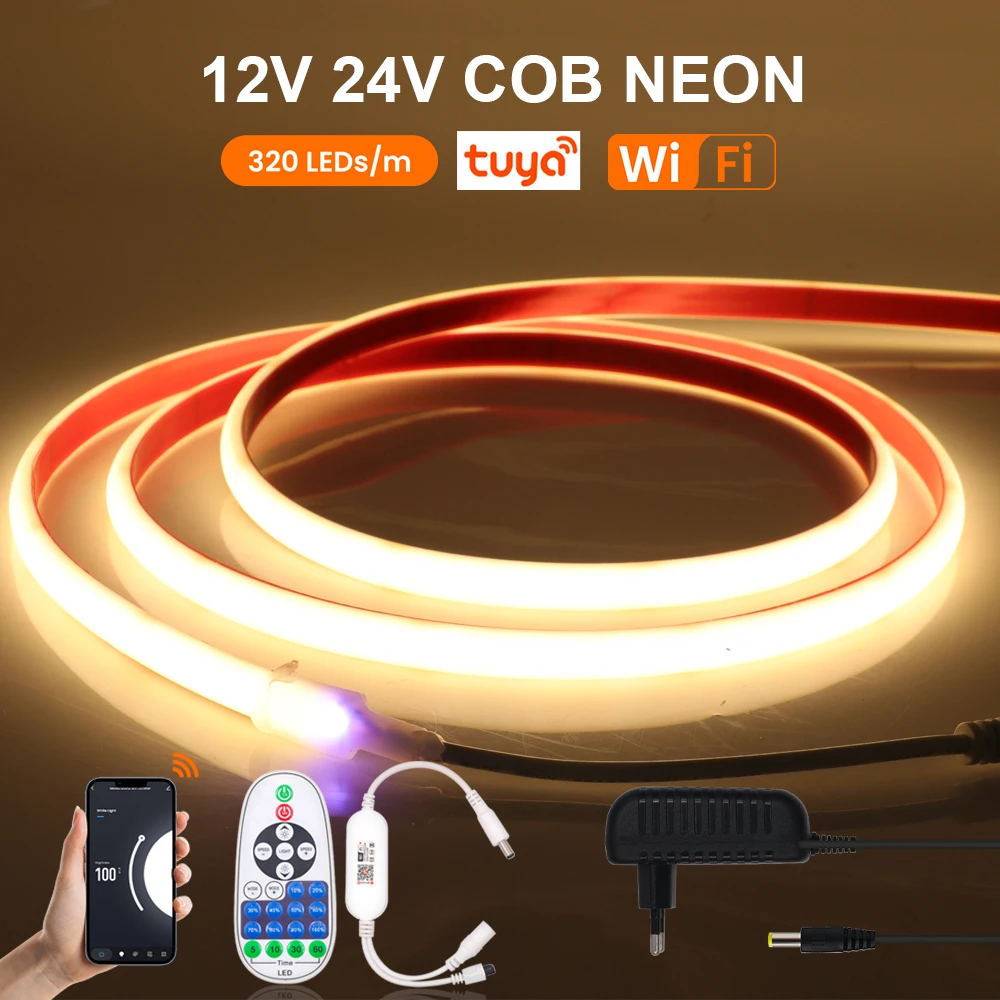 

12V 24V COB LED Strip Tuya WIFI IP68 Waterproof Neon Ribbon Rope LED Light 320Leds/m Flexible Dimmable LED Tape EU/US Plug