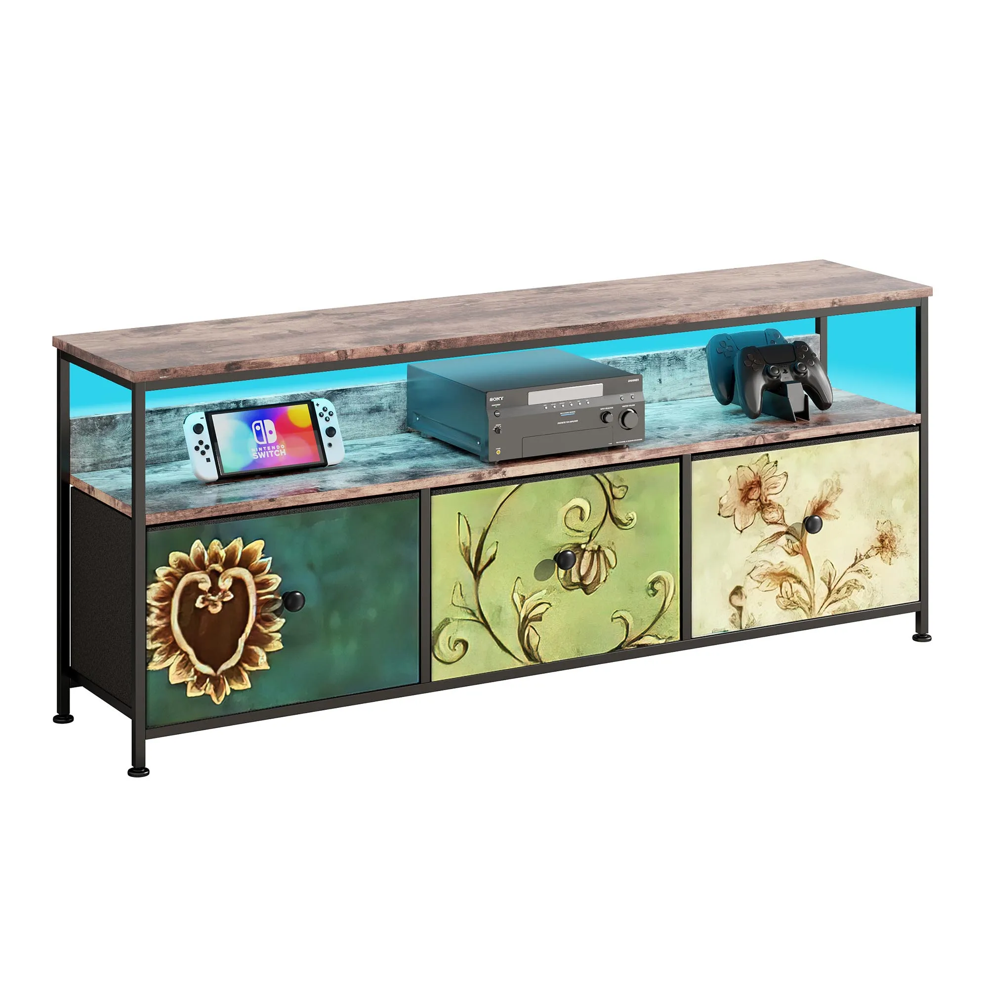 LED TV 스탠드, 캐비닛, 서랍 및 선반이 있는 TV 스탠드, RGB LED 조명, 거실 색상 조절 가능, 137x30x57cm