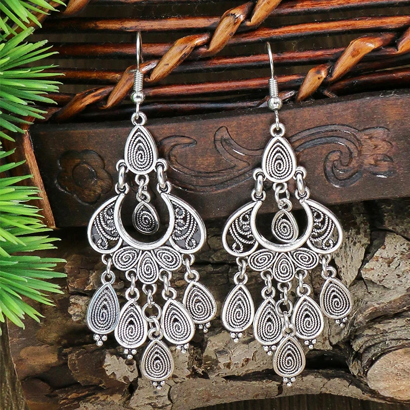 Vintage Ethnic Silver Color Round Water Drop Tassel Earrings for Women Boho Long Hollow Carved Dangle Earring Jewelry Brincos