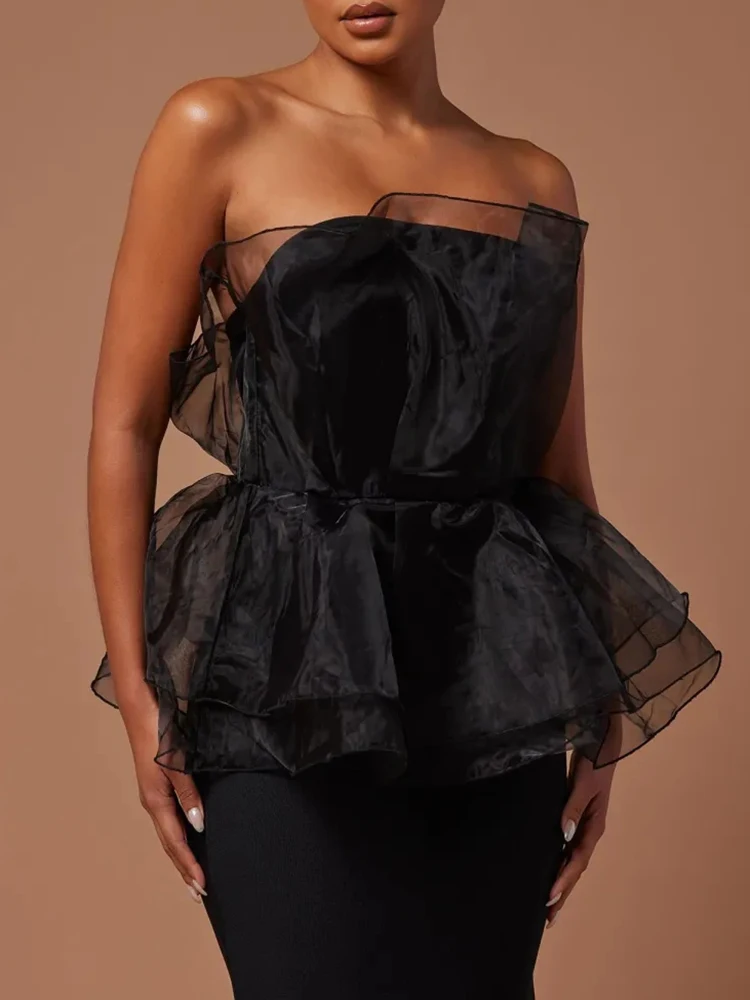 VC Black Mesh Strapless Bandage Long Mermaid Dress Ruffled Wasitline Tube Celebrity Cocktail Evening Party Gowns Vestidos