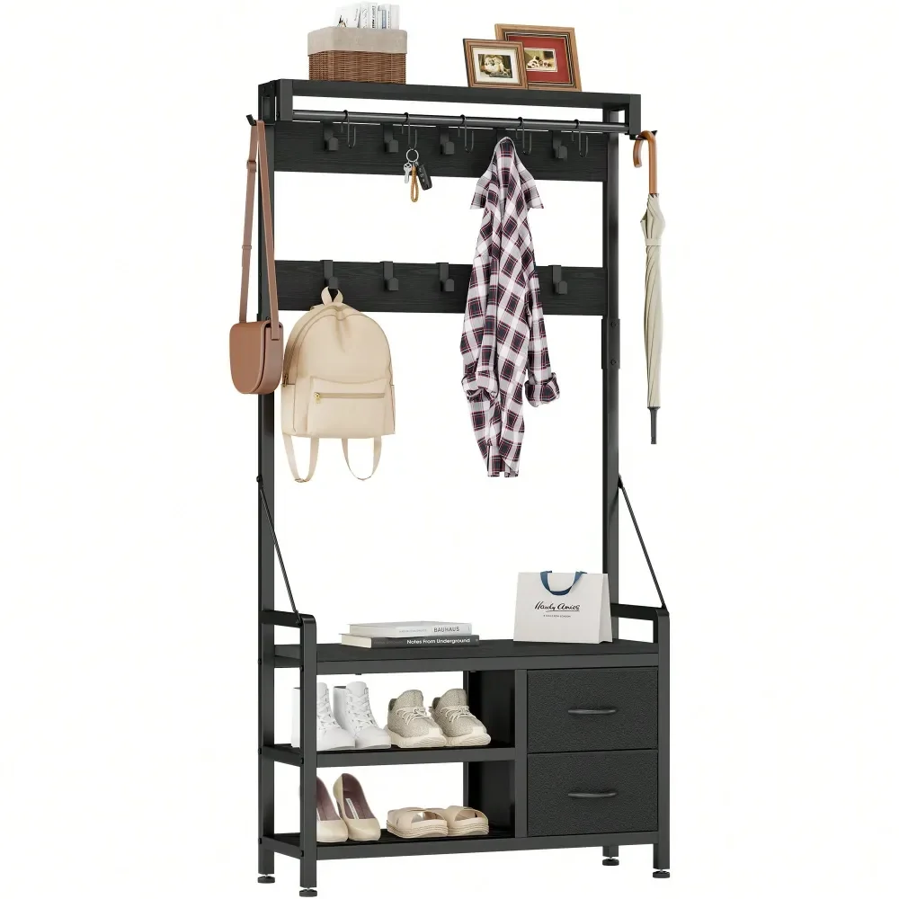 

Hall Tree, 31.5 W Entryway Bench With Coat Rack Freestanding, 4 In 1 Intelligent Design Shoe Bench And Wall Rack 17 Hooks And 2