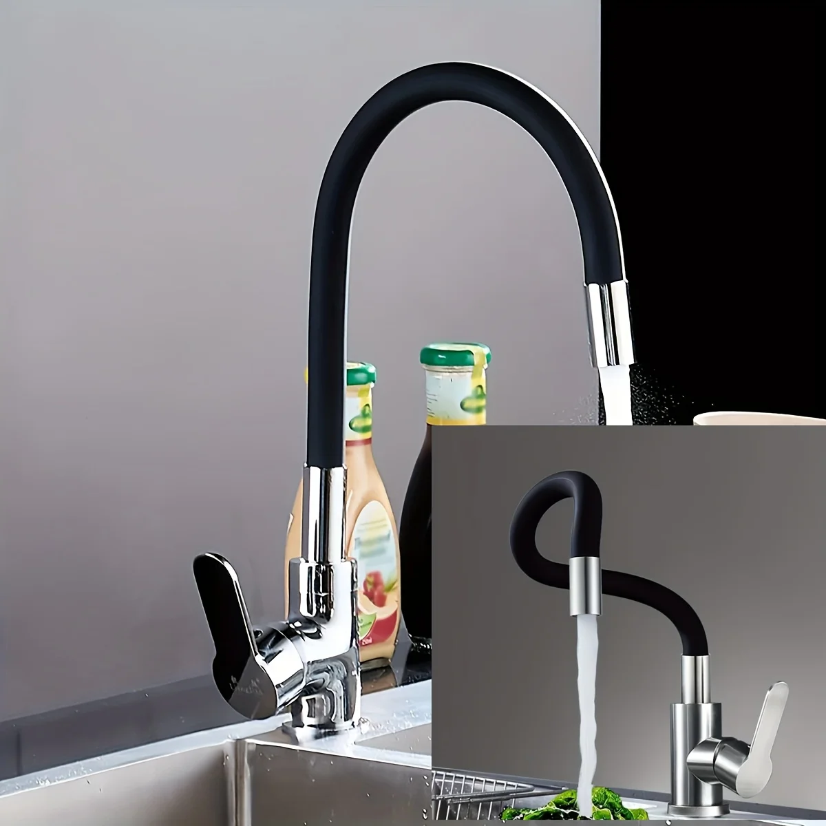 

1 hot and cold dual outlet kitchen faucet, high arc rotating design for modern and simple bathroom and kitchen use
