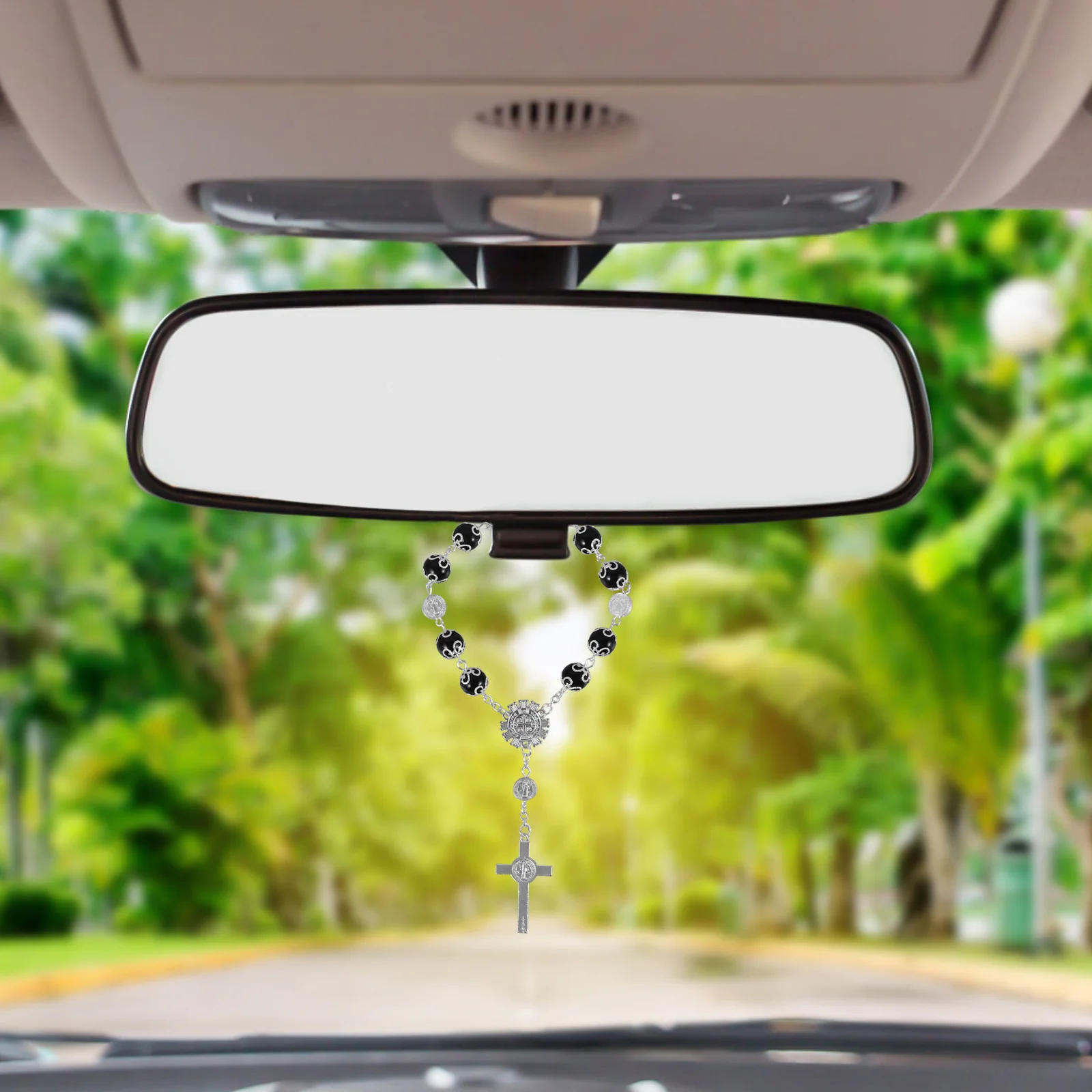 

Rosary Bracelet Alloy Hanging Accessory For Rearview Mirror Car Charm Cross Pendant Car Decorations Rear View Accessories
