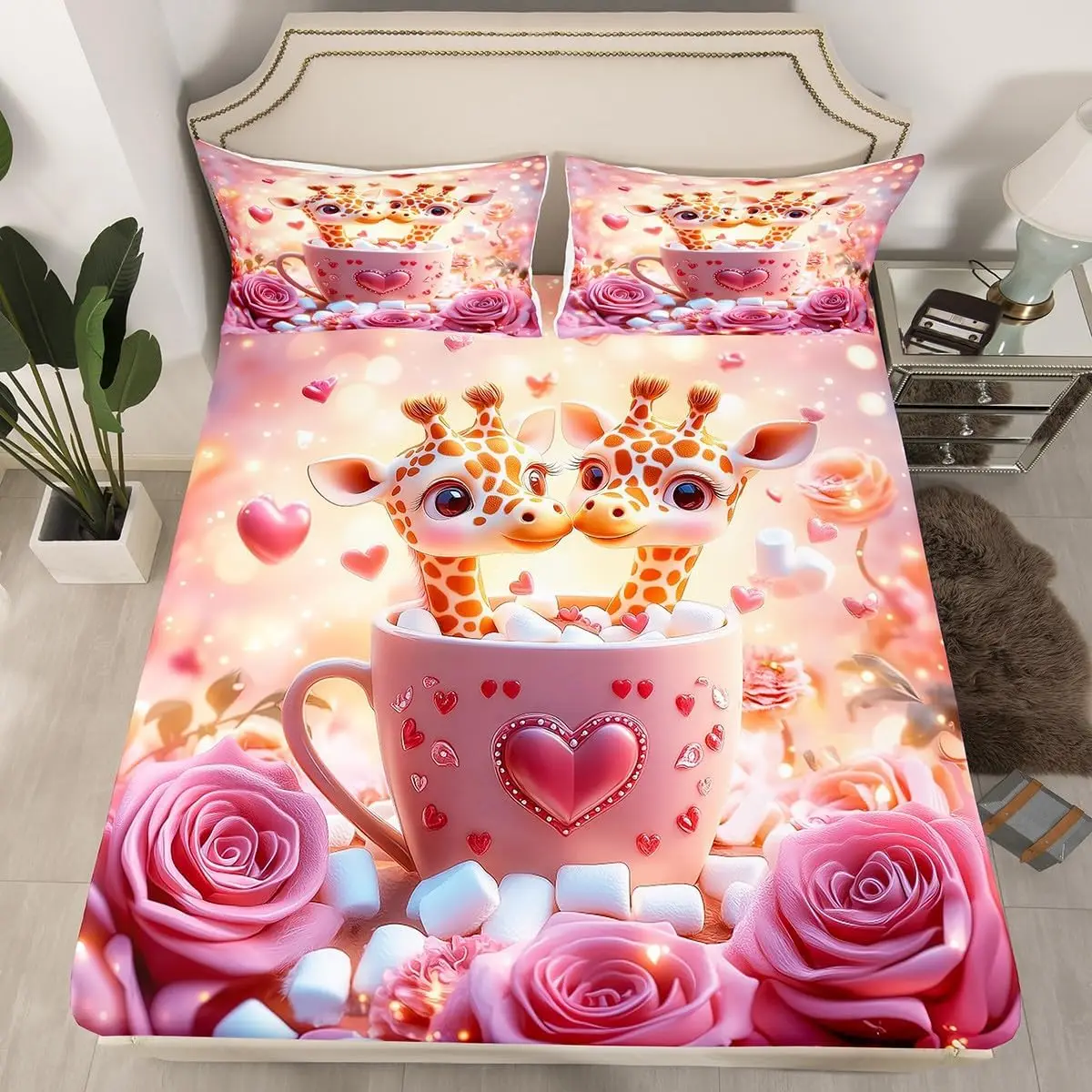 Giraffe Fitted Sheet Set for Kids Boys Girls,Modern Geometric Print,Daisy Flowers Floral,wild Animal King Queen Size Bedding Set