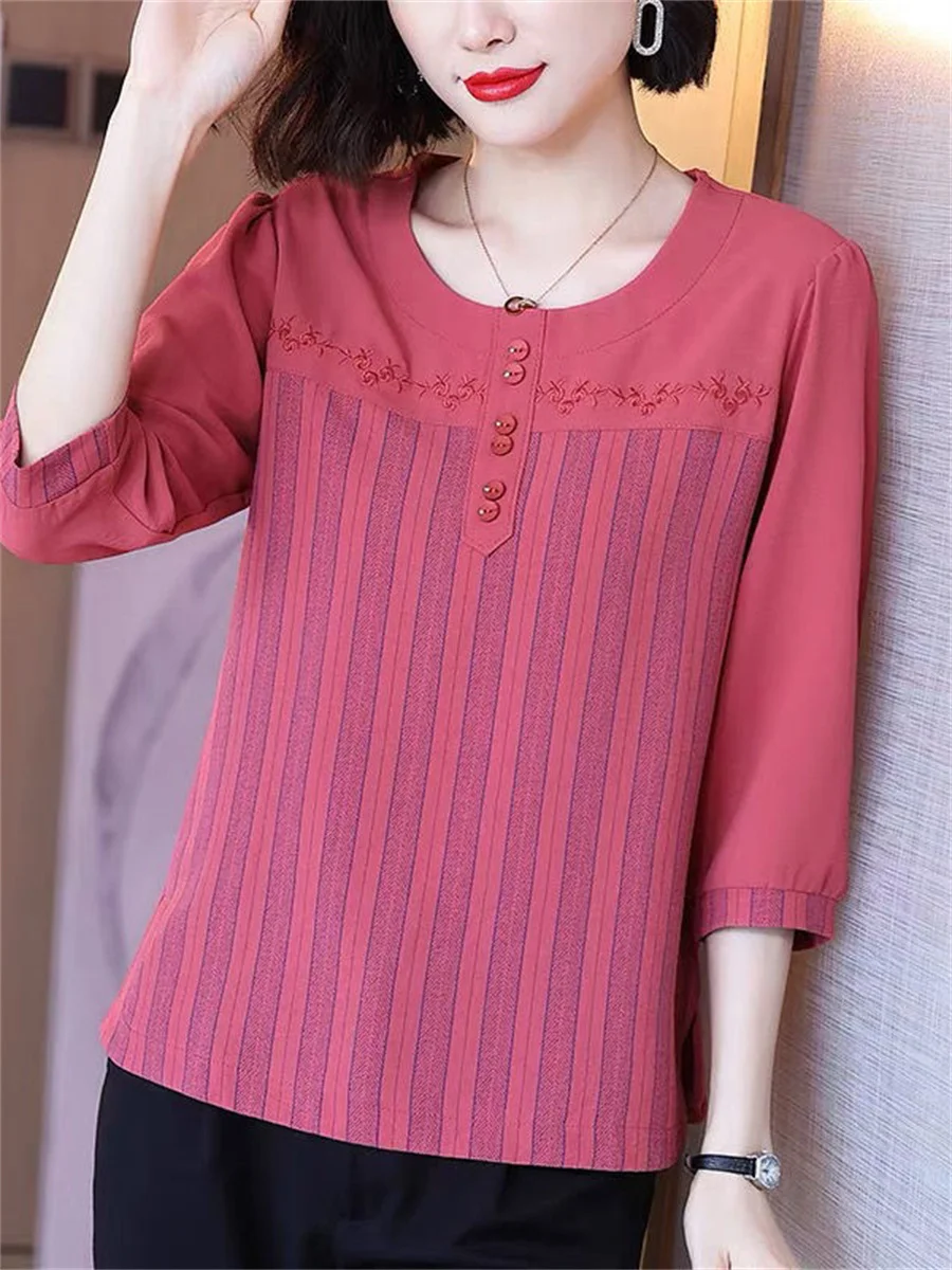 5XL Women Spring Summer Blouses Shirts Lady Fashion Casual Half Sleeve O-Neck Collar Stripe Embroidery Blusas Tops TT2245