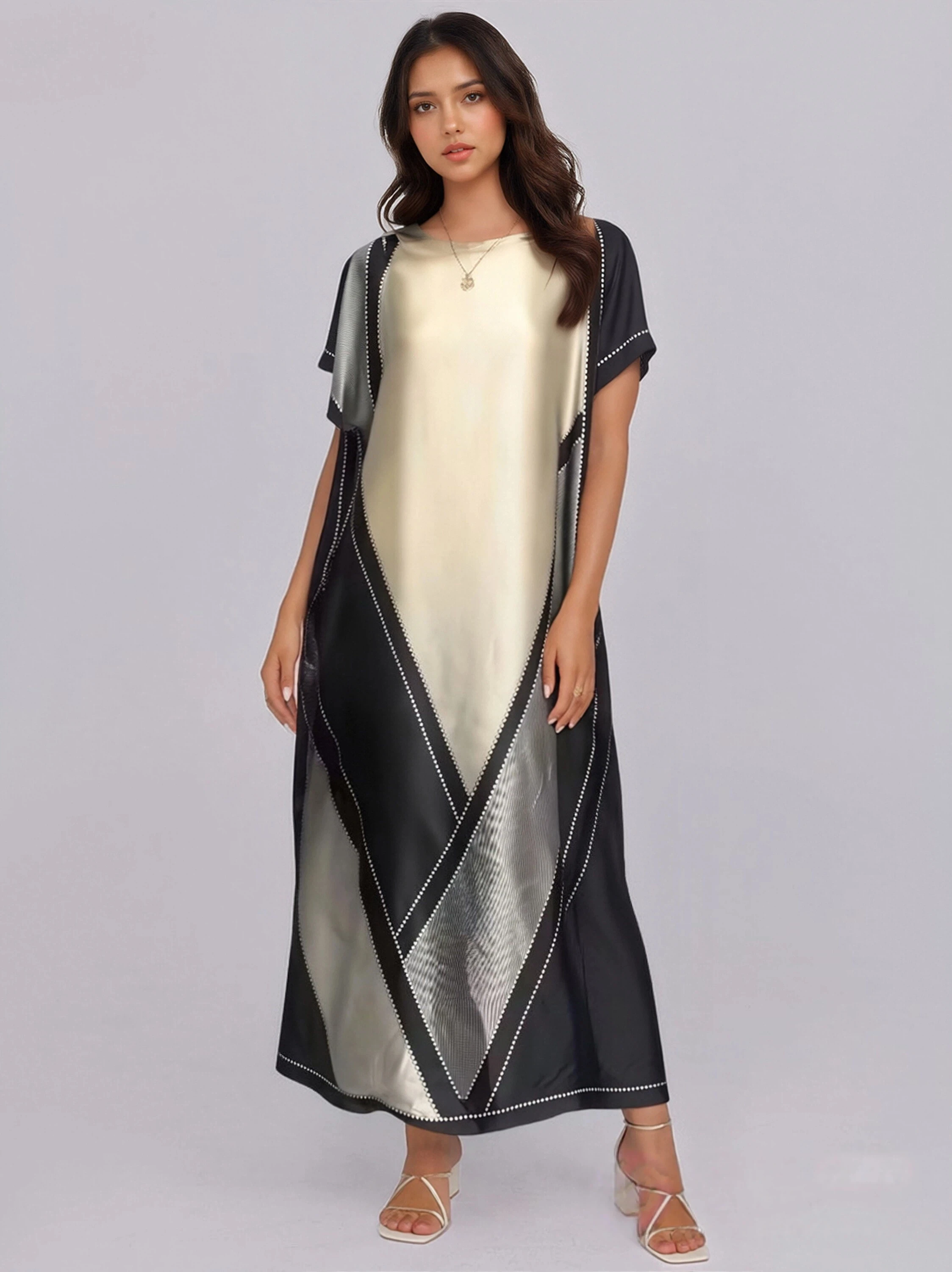 

Plus Size Geometric Wonder - Flowy Maxi Kaftan Dress with Crew Neck & Batwing Sleeves - Curvy Friendly, Elegant Clothing