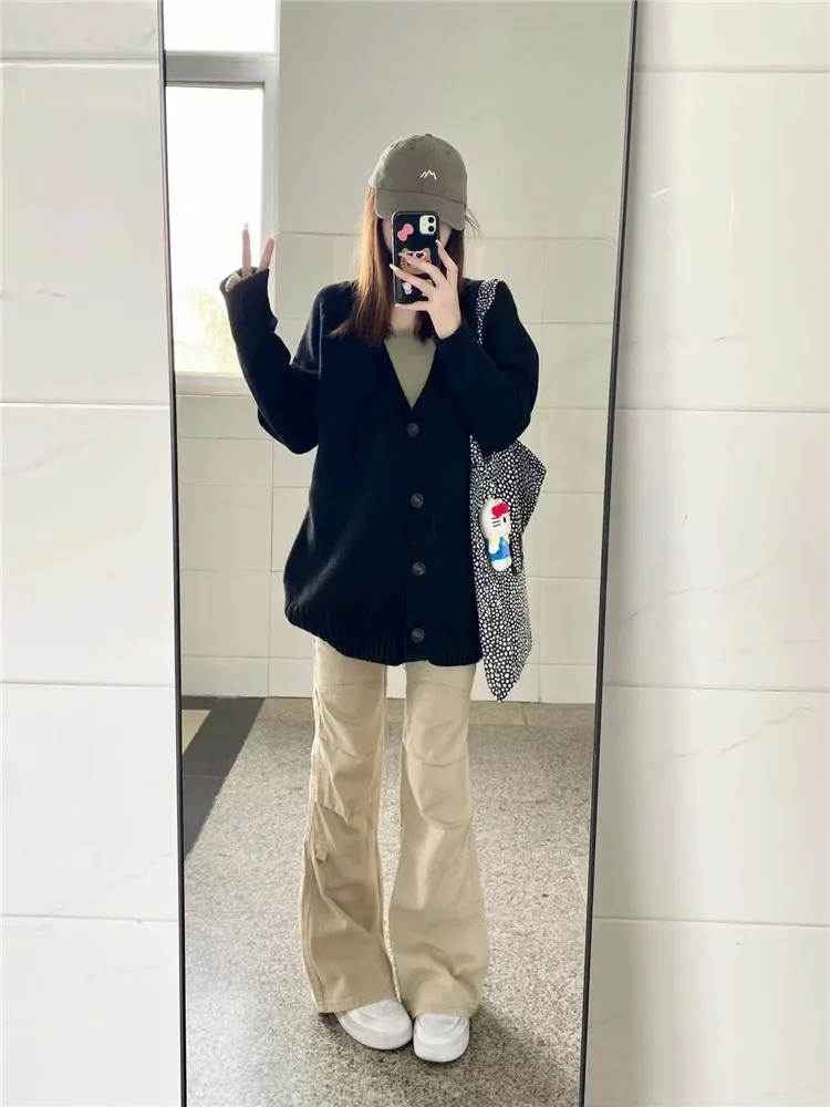 

Американские ретро-джинсы-клеш цвета хаки для женщин, осенне-зимние, удлиненные, в пол, нестандартного кроя