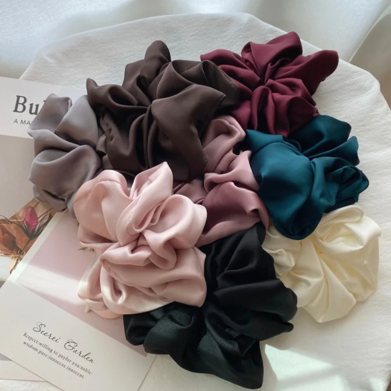 Women Soild Color Oversized Satin Scrunchies Fashion Elastic Hair Ties Ponytail Holder Chiffon Scrunchie Chouchou Cheveux Femme