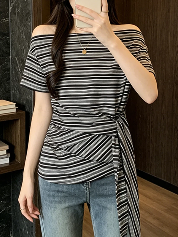 

plus Size Summer New Style T-Shirt Shoulder Bared Short Sleeve Striped Cover up Slimming Korean Version Breathable Knitted Top