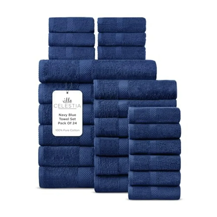 

100 Cotton Bath Towel Set of 24 for Hotels Spa Bathroom Dorm: Navy Blue, Sustainable Soft Highly Absorbent Combed Cotton