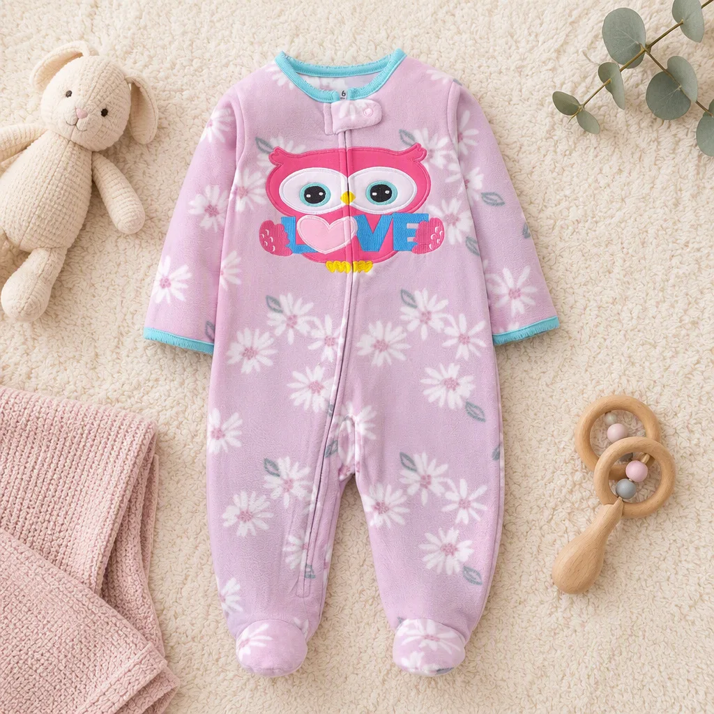 Baby-Mädchen-Strampler aus Polar-Fleece mit Füßlingen, mit Umweltfreundlichem Druck, Niedlicher Cartoon-Eule & Einhorn-Stickerei, Reißverschluss-Strampler, Herbst-Winter-Warme Babykleidung – Detail 2