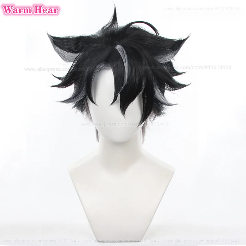 30cm Wriothesley Synthetic Wig Anime Short Black Gray Gradient Cosplay Wig Heat Resistant Hair Halloween Party Wigs + A Wig Cap