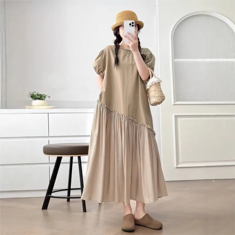 

Johnature 2025 Summer New Japanese Fungus Trim Round Neck Panel Short Sleeve Dress Cotton Panels Puff Sleeves Loose Women Dress