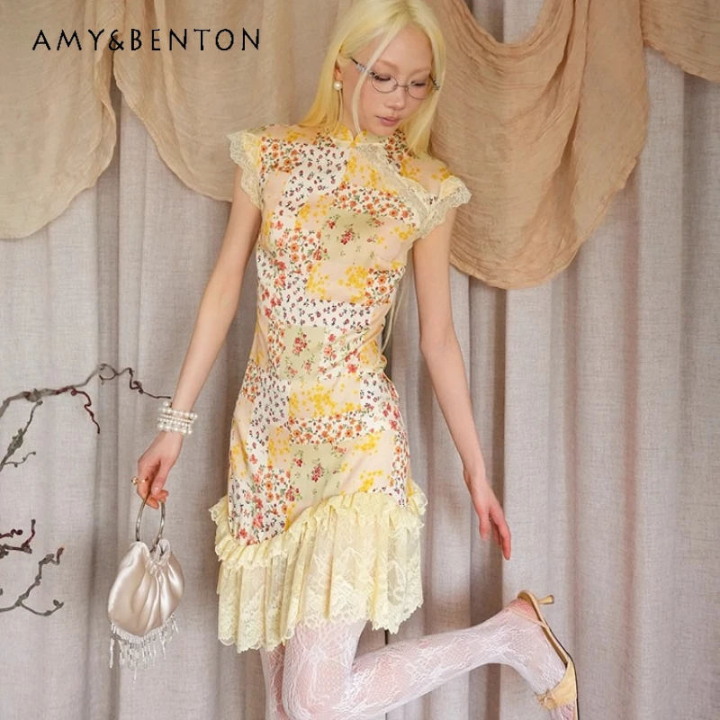 

New Chinese Style Retro Print Women's Cheongsam Original Design Lemon Yellow 2025 Summer Lace Splicing Irregular Dresses Ladies