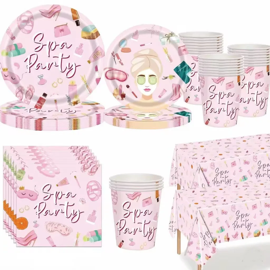 Neues Rosa Mädchen-Themen-Party Einweggeschirr, Pappbecher, Teller, Servietten, Tischdecken, Kosmetik, SPA Geburtstags-Party Tischware