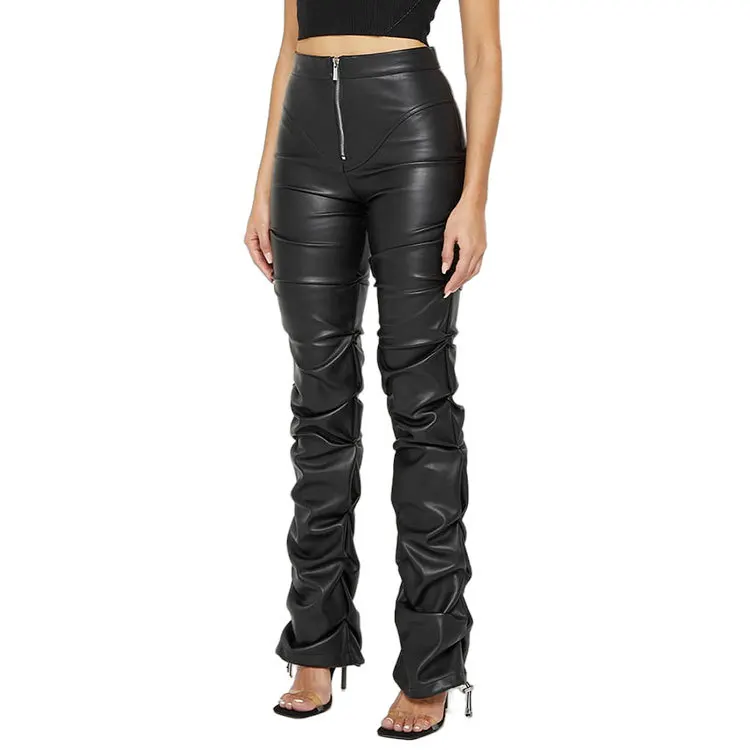 Fashion Trend 1PC Brown Faux PU Leather Pleated High Waist Stacked Pants Women Slim Hipster Street Style Long Trousers Female view 4