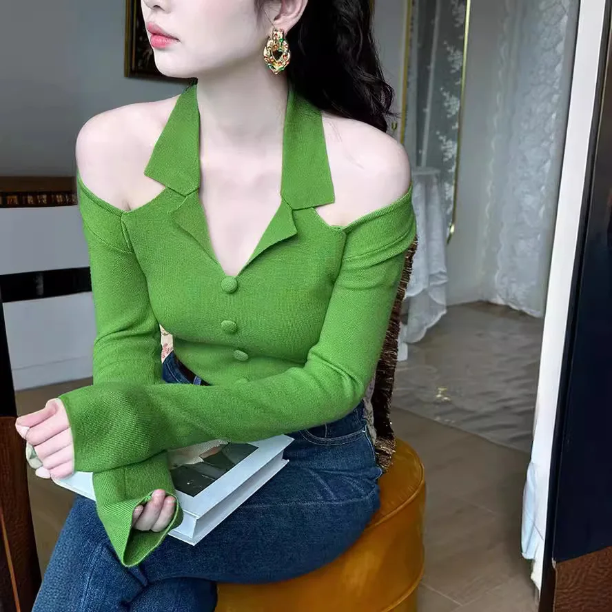 

7017, весенний новый гонконгский стиль, элегантный вязаный топ с открытыми плечами и воротником-поло, облегающий вязаный топ для женщин