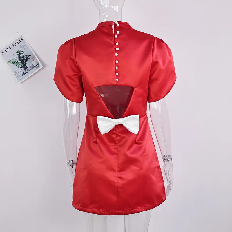 Elegante Frauen Bogen Aushöhlen Rot Schwarz Weiß Mini Kleid Luxus Puff Hülse O-ansatz Party Kleider 2025, Shinny Abend Party Vestid