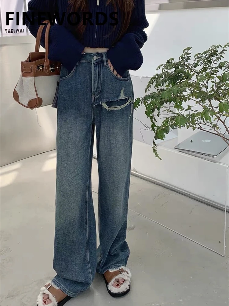 

FINEWORDS Vintage Washed Blue Ripped Jeans Women High Waist Streetwear Korean Jeans Wide Leg Casual Hole Boyfriend Jeans