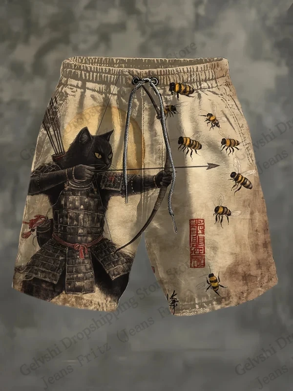Men's Board Shorts Men Short Cartoon Samurai Cat Drink Animal 3d Hawaiian Beach Short Swim Trunk Swimsuit Sports Pant Boy Brief