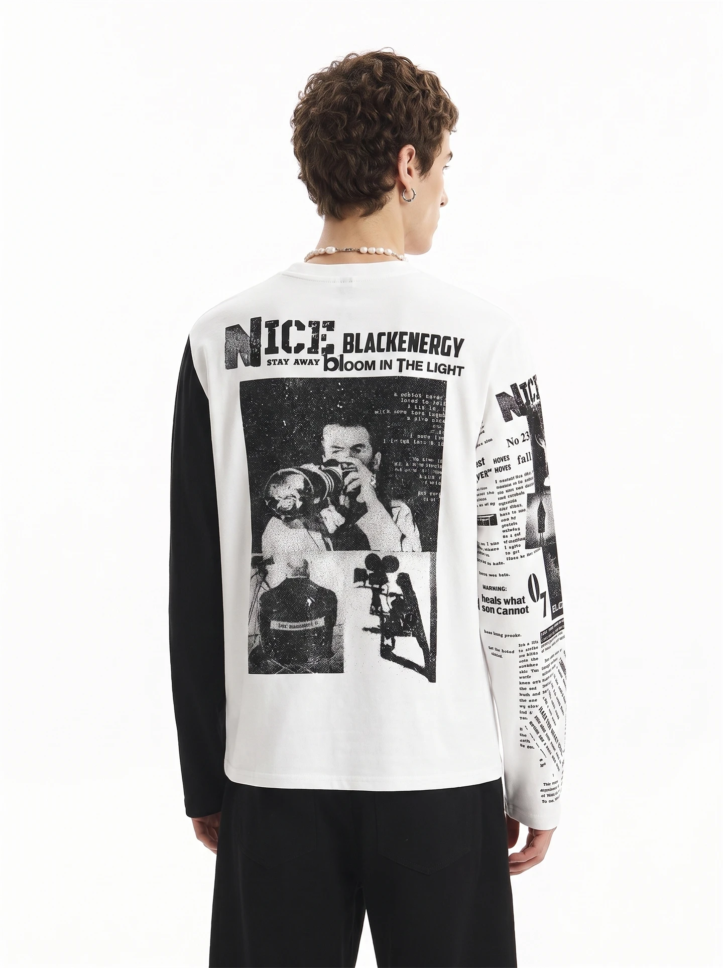 BETEBULE American High Street Poster Letter Print Contrast Color Long Sleeve T-Shirt Men's Autumn Street Loose Top