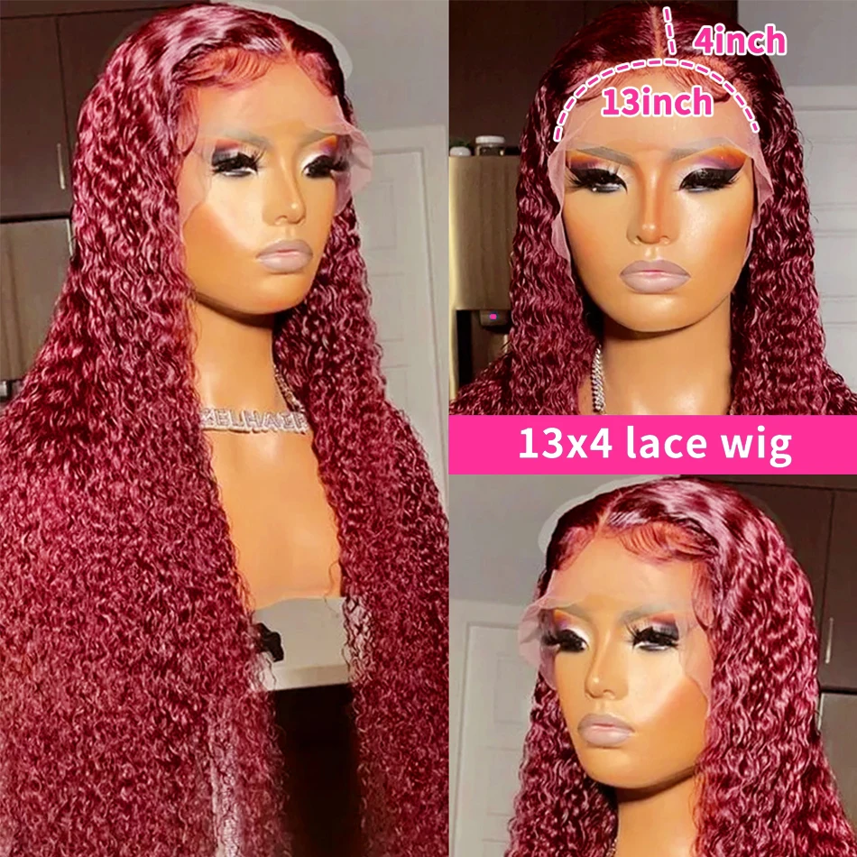 250 Density Burgundy Deep Wave 13x6 Hd Lace Frontal Human Hair Wigs For Women Red Colored Curly Watre Wave Front Wig Glueless