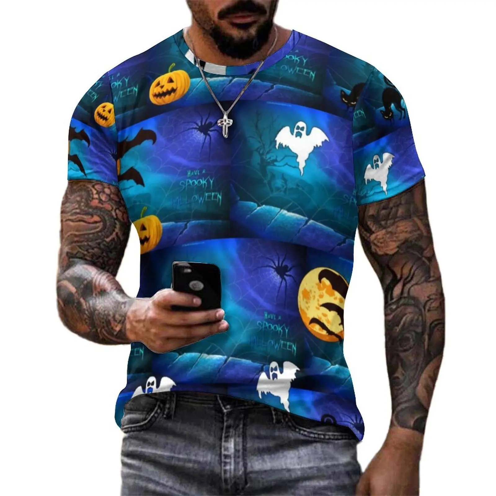 Summer T Shirt Bats Running T-Shirts Spooky Halloween Casual Hippie Tees For Men Short Sleeve Graphic Big Size Clothes