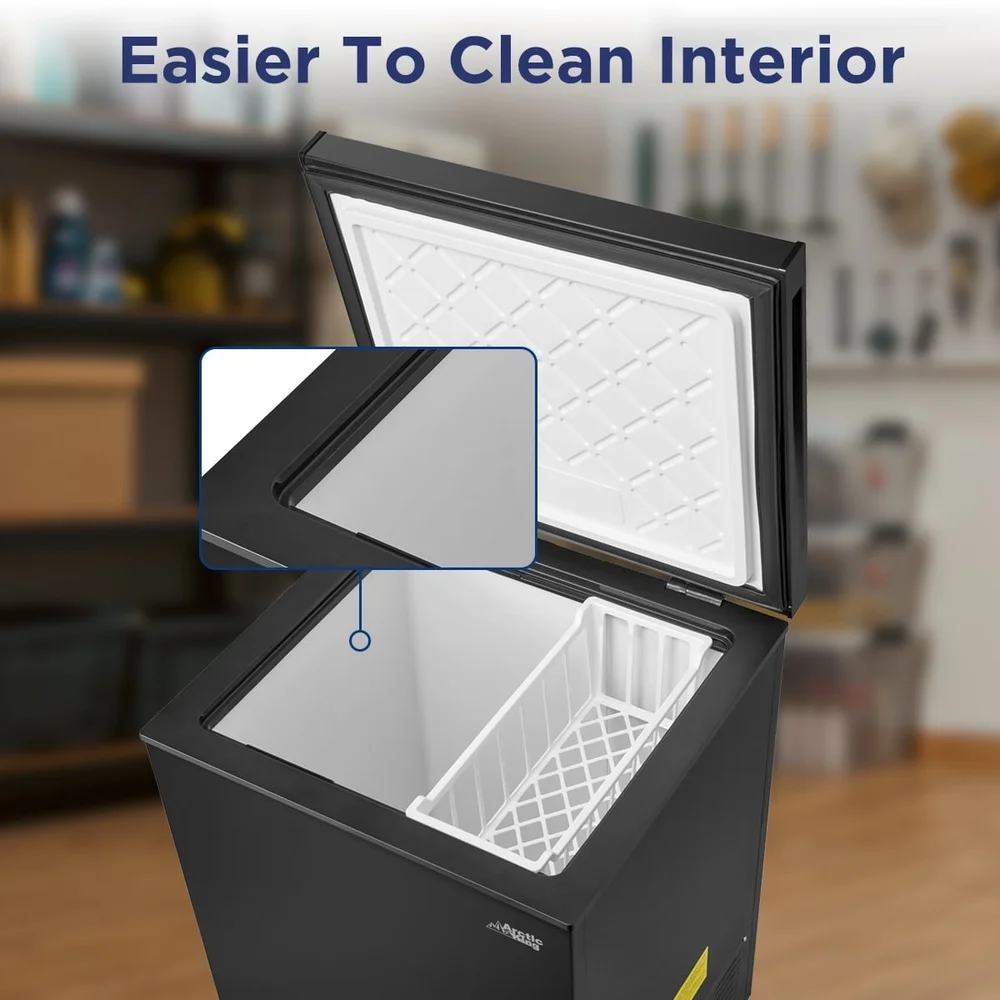 فريزر صدر قابل للتحويل بطول 5.1 قدم مكعب، سلة تخزين مدمجة قابلة للإزالة، أرجل قابلة للتعديل، جراج سهل التنظيف جاهز باللون الأسود