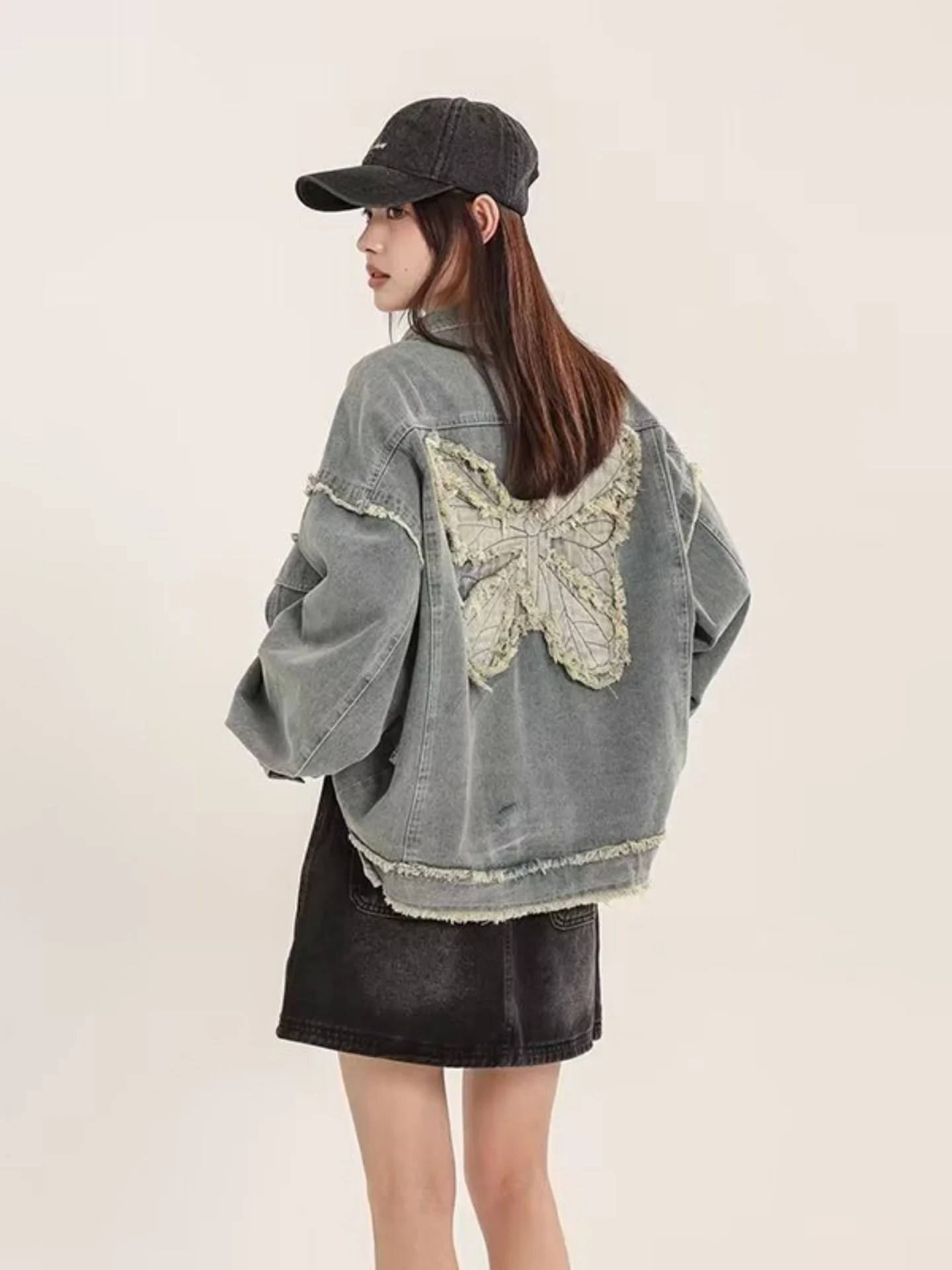 Retro American  Embroidery Denim Jacket Men's Spring Autumn Loose Washed Frayed  Deconstructed Jacket Top