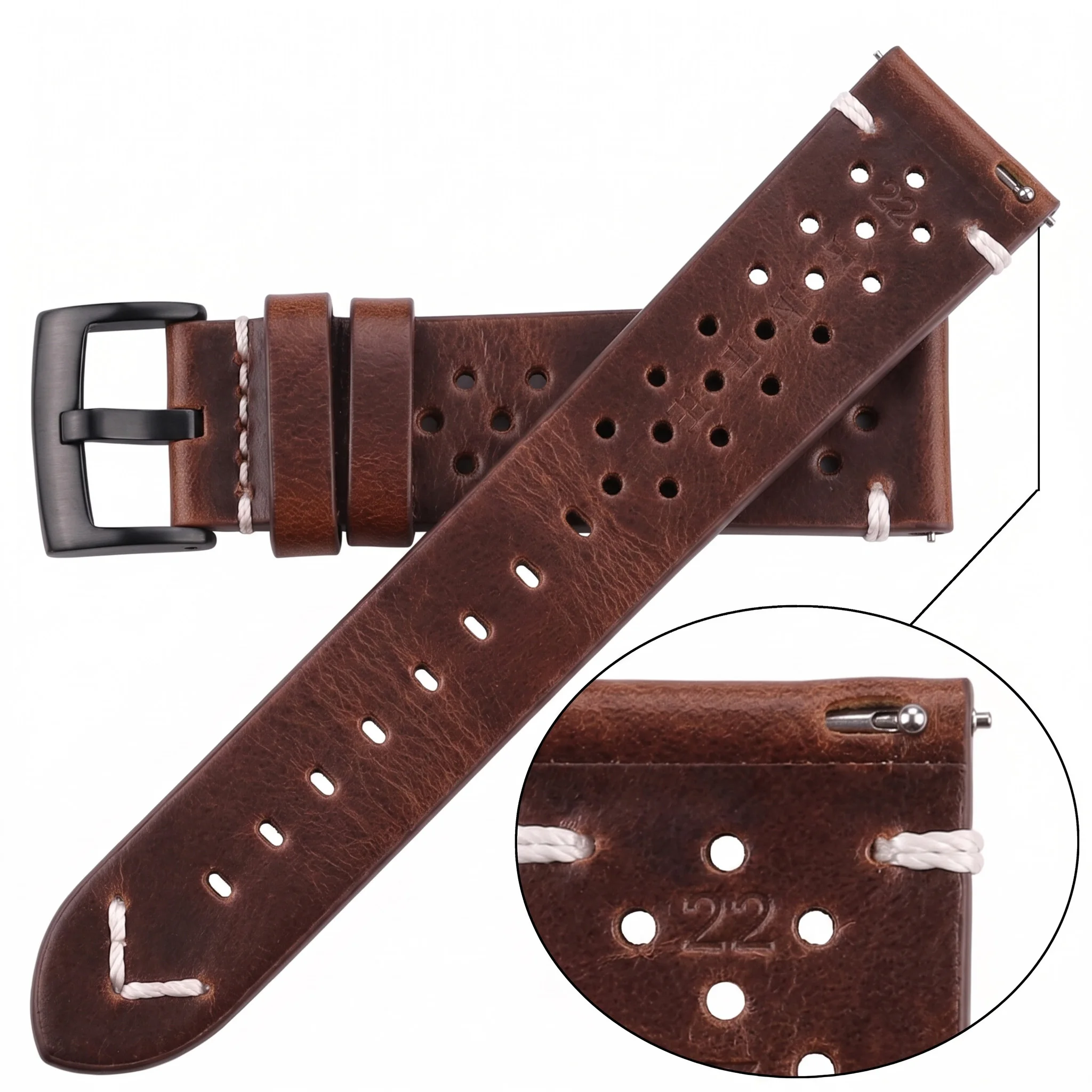 Atmungsaktives Echtleder-Uhrenarmband mit Schnellverschluss, 18–24 mm, Rindslederband, erhältlich in Schwarz, Grün, Braun, Gelb, Unisex-Uhrenarmbänder – Detail 12